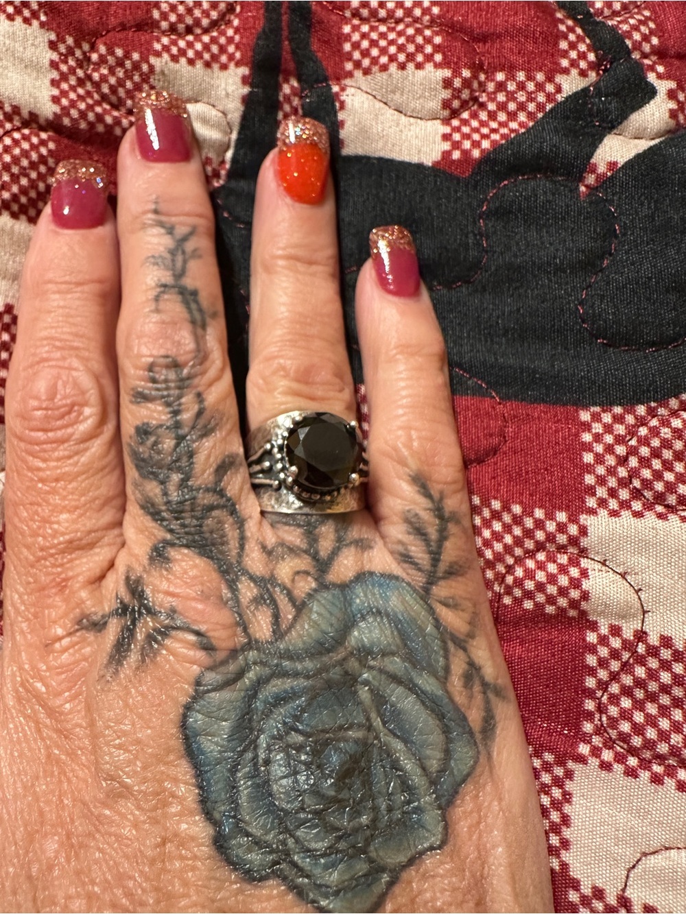 Black Faceted Stone Sterling-Style Ring - Black